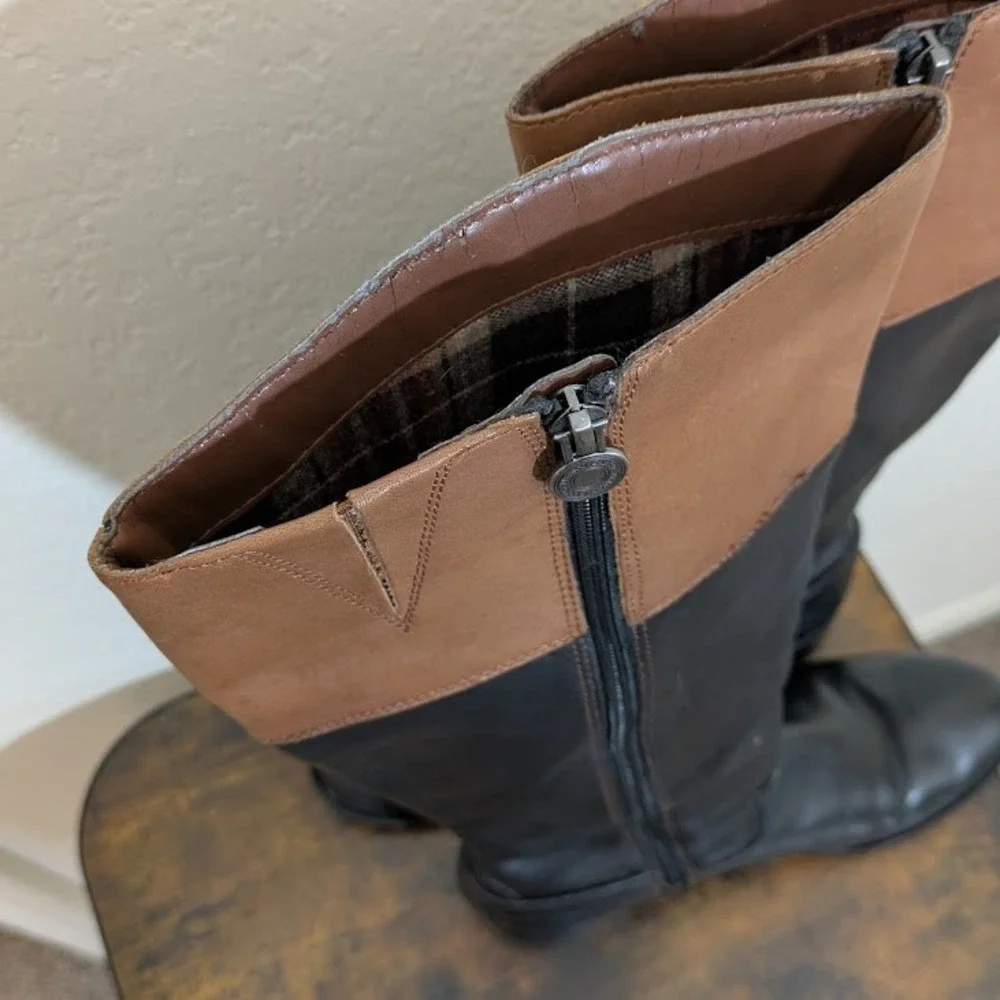 Franco Sarto Tall Riding Boots Black Brown Leather Crest Detail Women‎ US 8